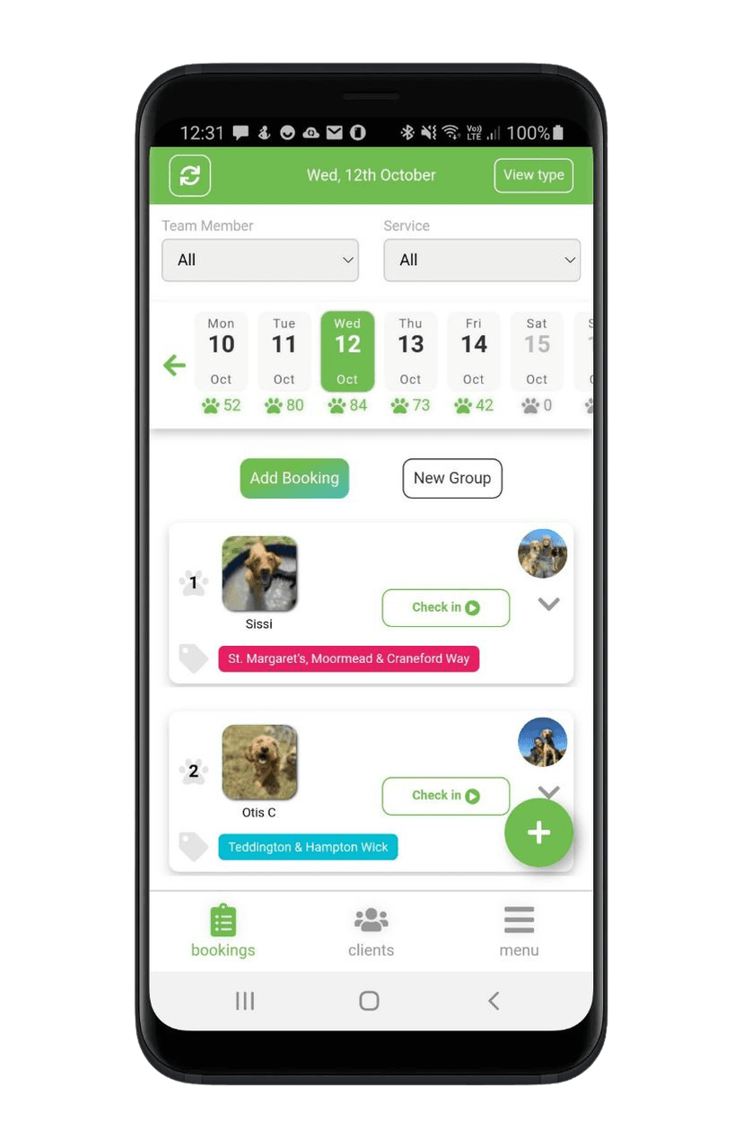 My Pet Walker app showing daily bookings